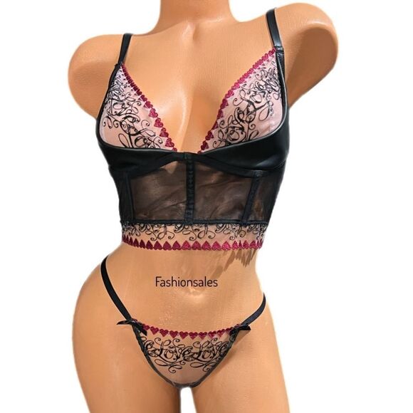 Victorias Secret Very Sexy Set Heart Embroid Mesh faux leather corset bra thong - Picture 2 of 7